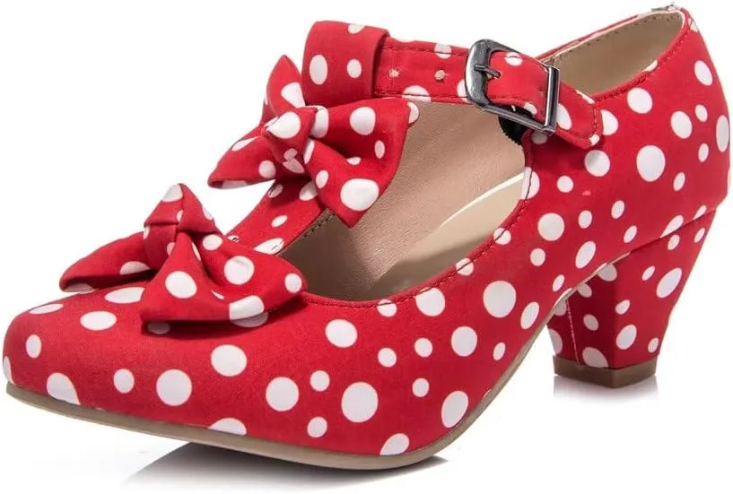 MFairy Women Mid Block Heel Mary Jane Shoes Polka Dot Bow Dress Pumps