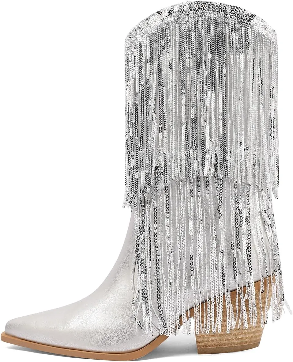Mi.iM Women's Rhinestone Cowboy Boots Knee High Wide Calf Cowgirl Boots Western Pointed Toe Chunky Heel Sparkly Cowgirl Booties Pull On Cowboy Boots for Women