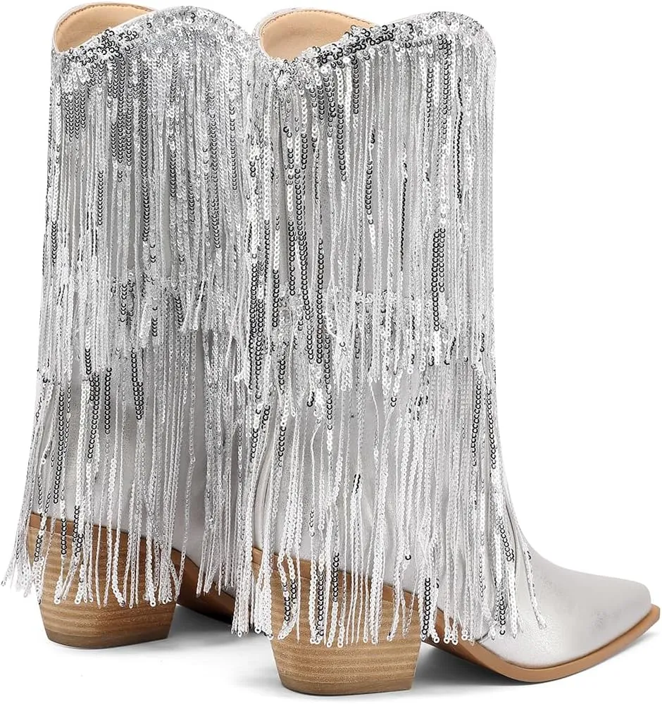 Mi.iM Women's Rhinestone Cowboy Boots Knee High Wide Calf Cowgirl Boots Western Pointed Toe Chunky Heel Sparkly Cowgirl Booties Pull On Cowboy Boots for Women