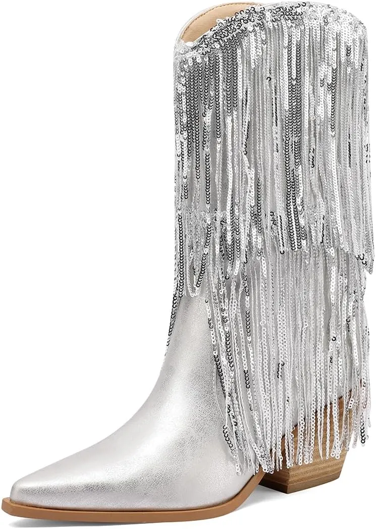 Mi.iM Women's Rhinestone Cowboy Boots Knee High Wide Calf Cowgirl Boots Western Pointed Toe Chunky Heel Sparkly Cowgirl Booties Pull On Cowboy Boots for Women