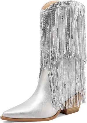 Mi.iM Women's Rhinestone Cowboy Boots Knee High Wide Calf Cowgirl Boots Western Pointed Toe Chunky Heel Sparkly Cowgirl Booties Pull On Cowboy Boots for Women