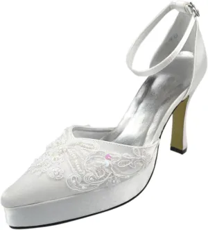 Minishion Girls Womens Pointed Toe Platform Ankle Strap Satin Bridal Wedding Dress Pumps Shoes