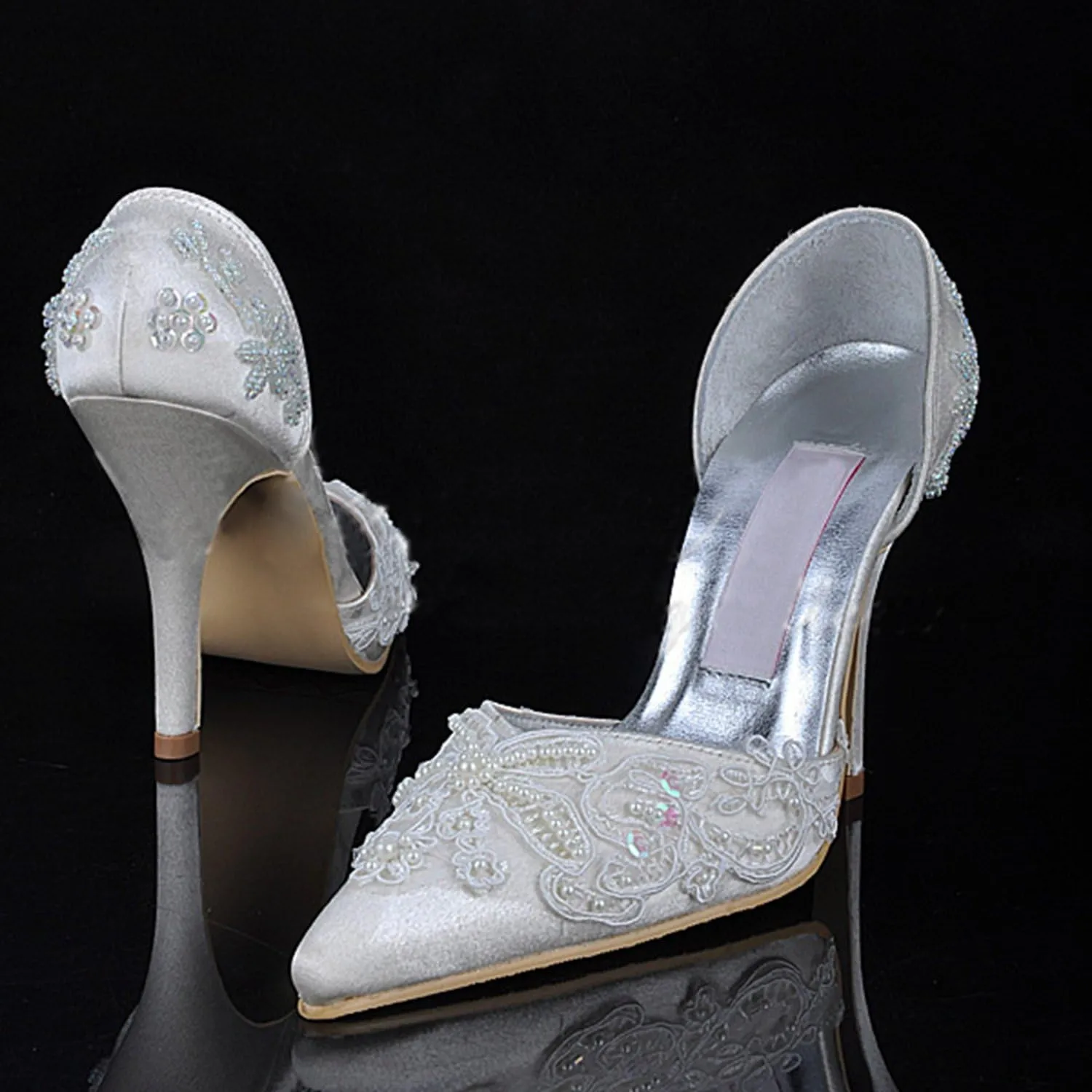 Minishion MZ581 Women's High Heel Beaded Satin Bridal Wedding Evening Party Prom Shoes