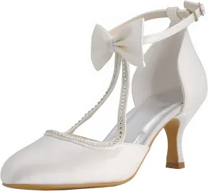 Minishion MZ613 Womens Round Toe Kitten Heel T-Strap Bridal Wedding Satin Buckle Pump Shoes
