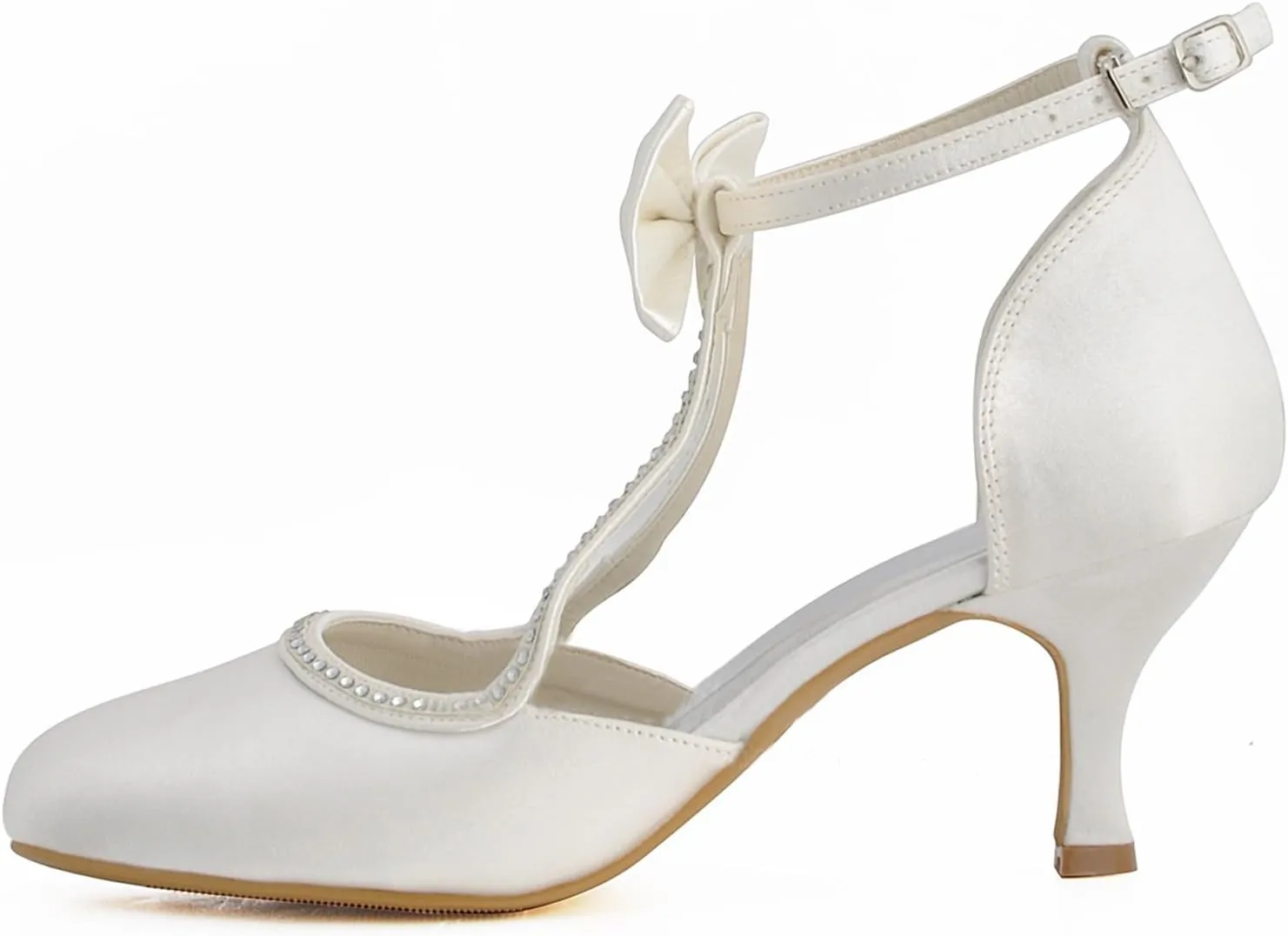 Minishion MZ613 Womens Round Toe Kitten Heel T-Strap Bridal Wedding Satin Buckle Pump Shoes