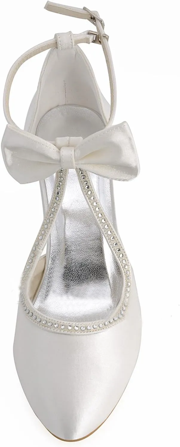 Minishion MZ613 Womens Round Toe Kitten Heel T-Strap Bridal Wedding Satin Buckle Pump Shoes