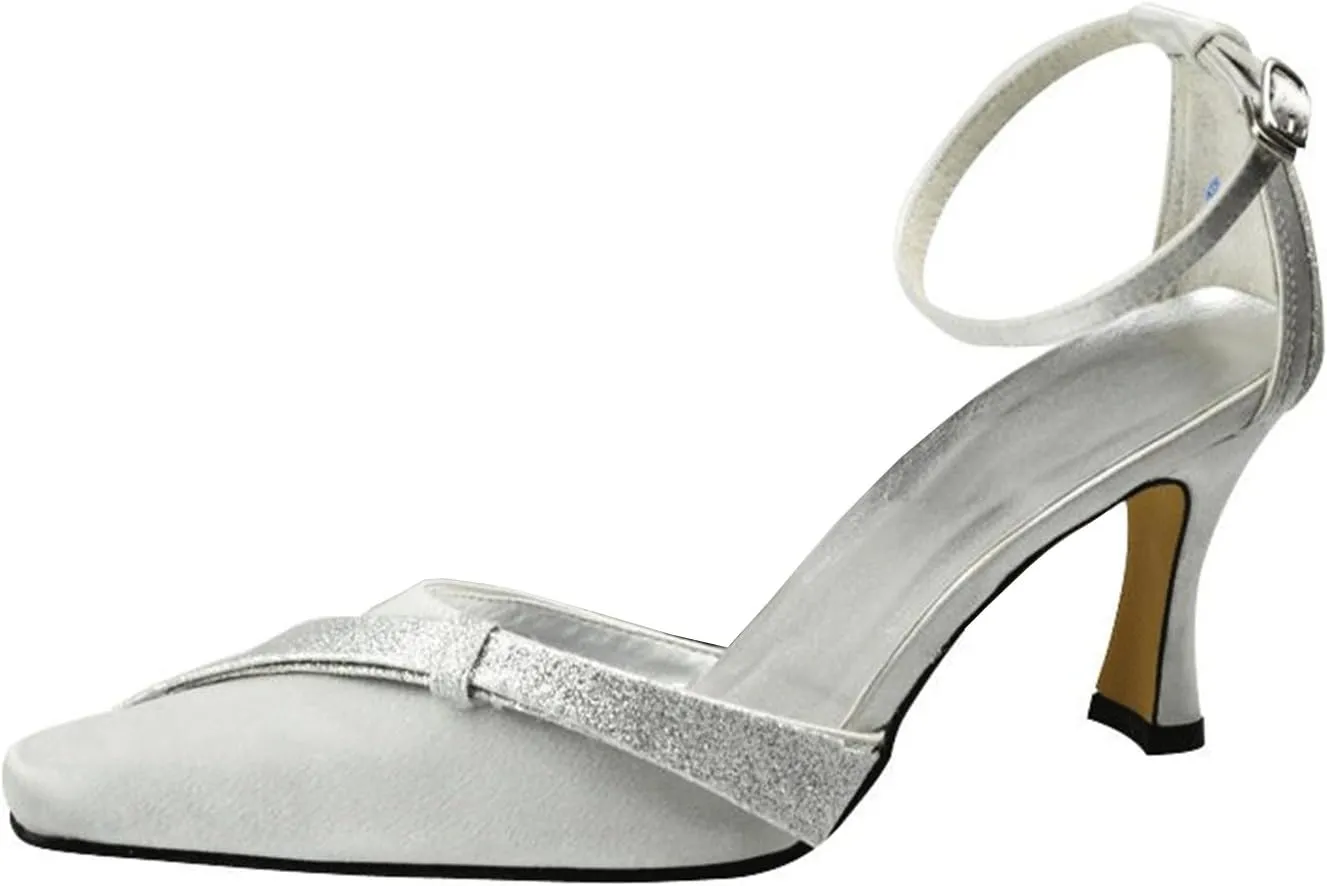 Minishion Pointed Toe Satin Wedding Shoes Ankle Strap Party Pumps for Female
