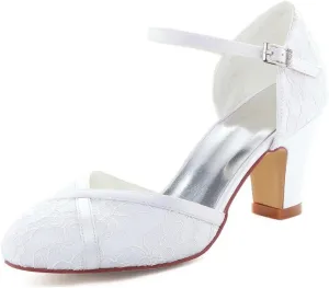 Minishion Women's Almond Toe Chunky Med Heel Lace Bridal Wedding Pumps