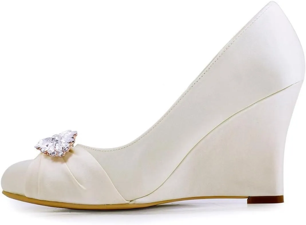 Minishion Women's Classic Almond Toe Wedge High Heel Satin Bridal Wedding Pumps
