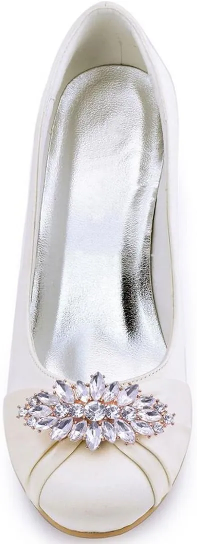 Minishion Women's Classic Almond Toe Wedge High Heel Satin Bridal Wedding Pumps