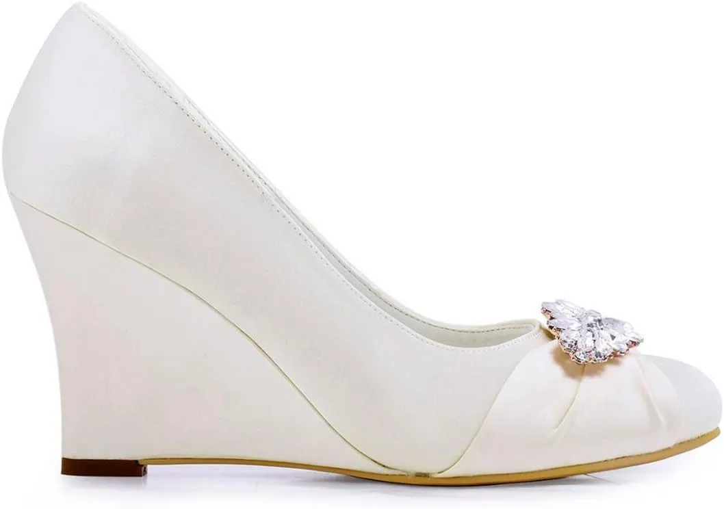 Minishion Women's Classic Almond Toe Wedge High Heel Satin Bridal Wedding Pumps