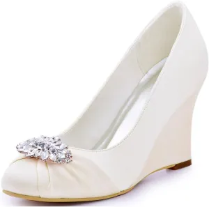Minishion Women's Classic Almond Toe Wedge High Heel Satin Bridal Wedding Pumps