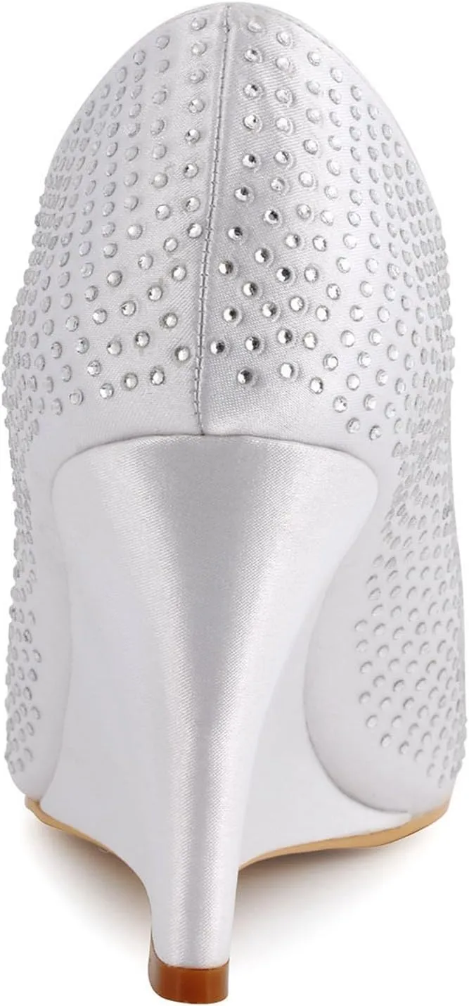 Minishion Women's Crystals Wedge Satin Wedding Party Prom Pumps