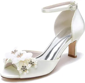Minishion Women's Low Heel Shoes for Wedding Ankle Strap Evening Prom Sandals with Flower MS329
