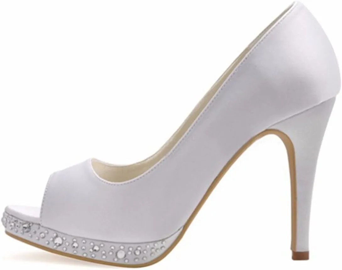 Minishion Women's Peep Toe Crystals Stiletto High Heel Satin Bridal Wedding Sandals