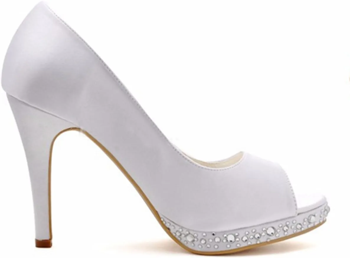 Minishion Women's Peep Toe Crystals Stiletto High Heel Satin Bridal Wedding Sandals