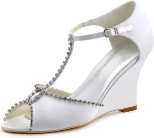Minishion Women's T-Strap Crystals Satin Wedge High Heel Wedding Evening Shoes
