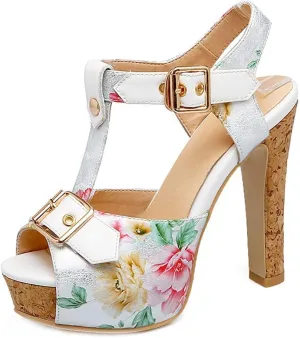 MIOKE Women's Floral Platform Chunky Block Heel Sandals Peep Toe T-Strap Buckle Cork High Heeled Sandal