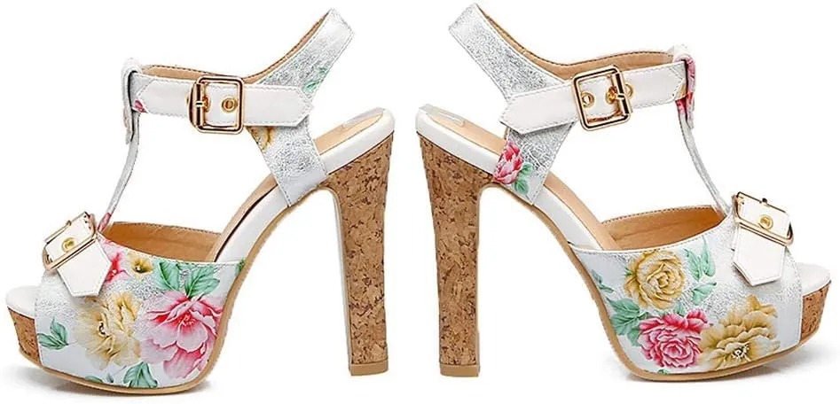 MIOKE Women's Floral Platform Chunky Block Heel Sandals Peep Toe T-Strap Buckle Cork High Heeled Sandal