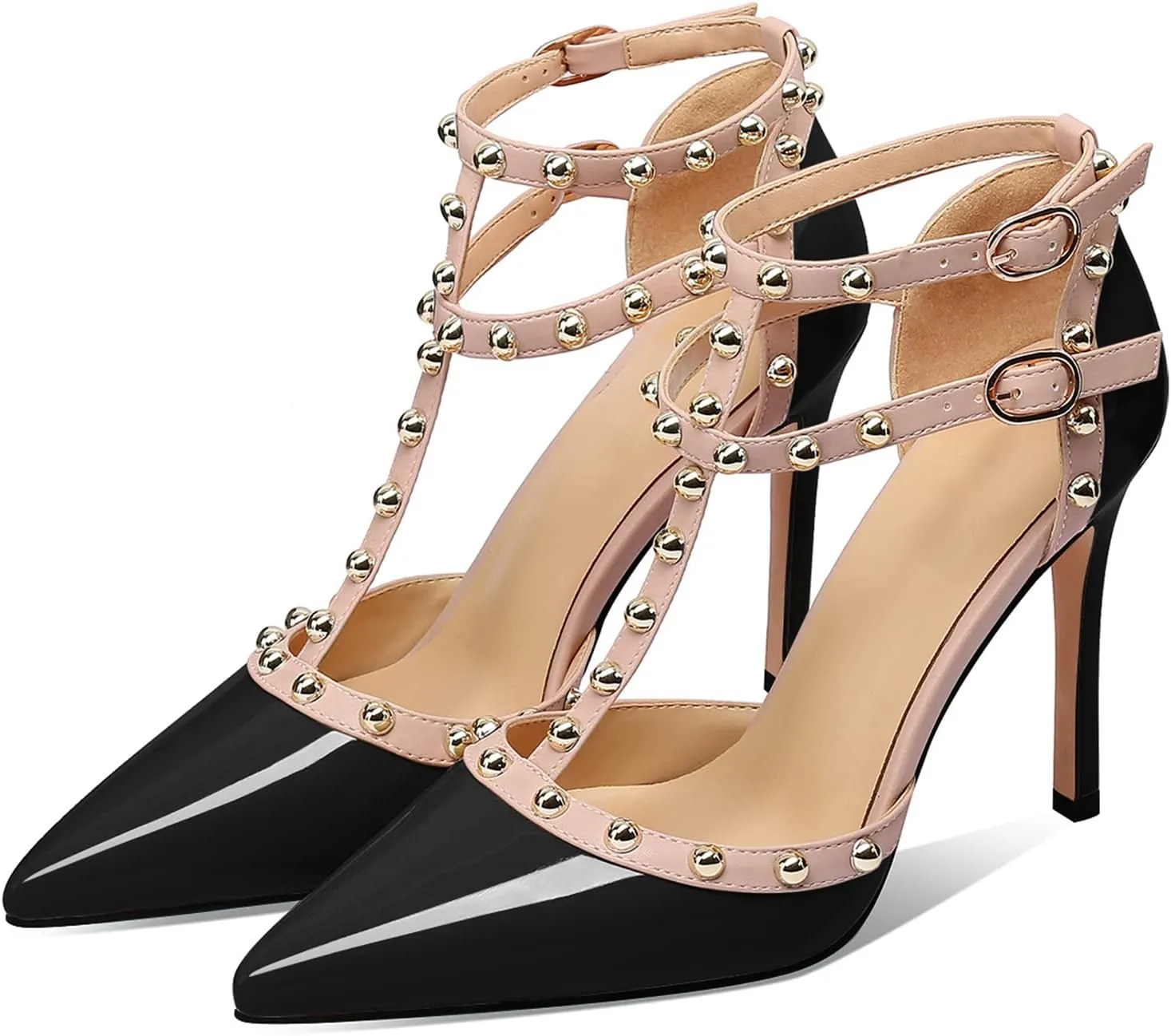 MIRAAZZURRA Women Heeled Sandals Rivet Studded High Heels Stiletto T-Strap Pointed Toe Slip On Bridal Pumps for Women