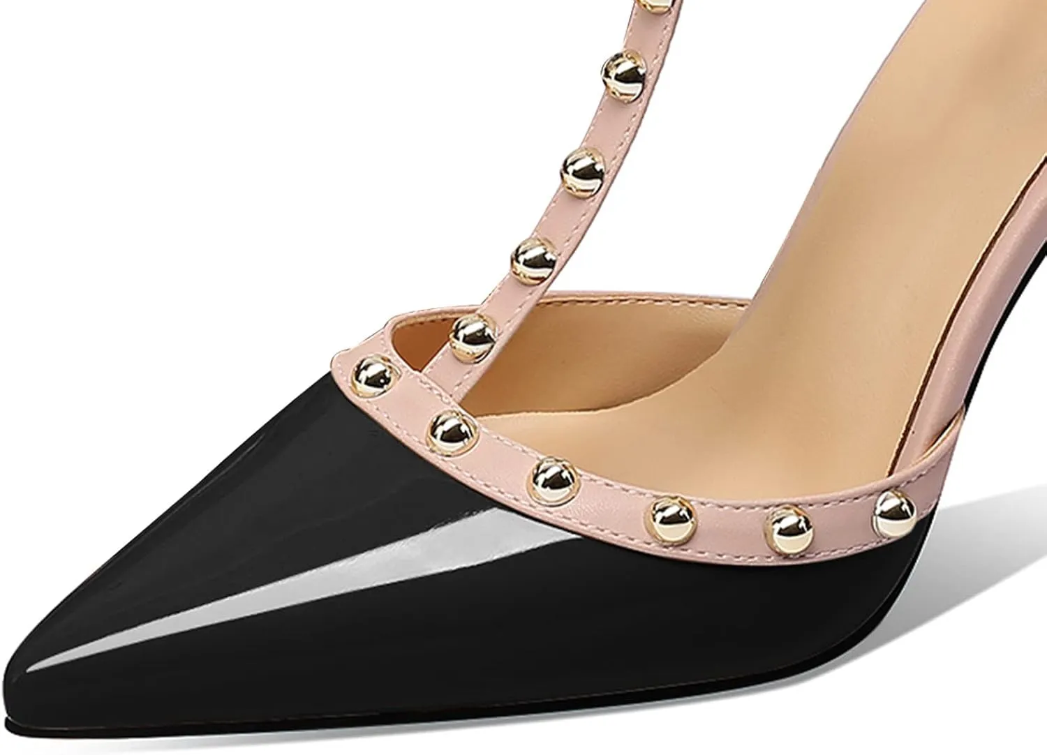 MIRAAZZURRA Women Heeled Sandals Rivet Studded High Heels Stiletto T-Strap Pointed Toe Slip On Bridal Pumps for Women