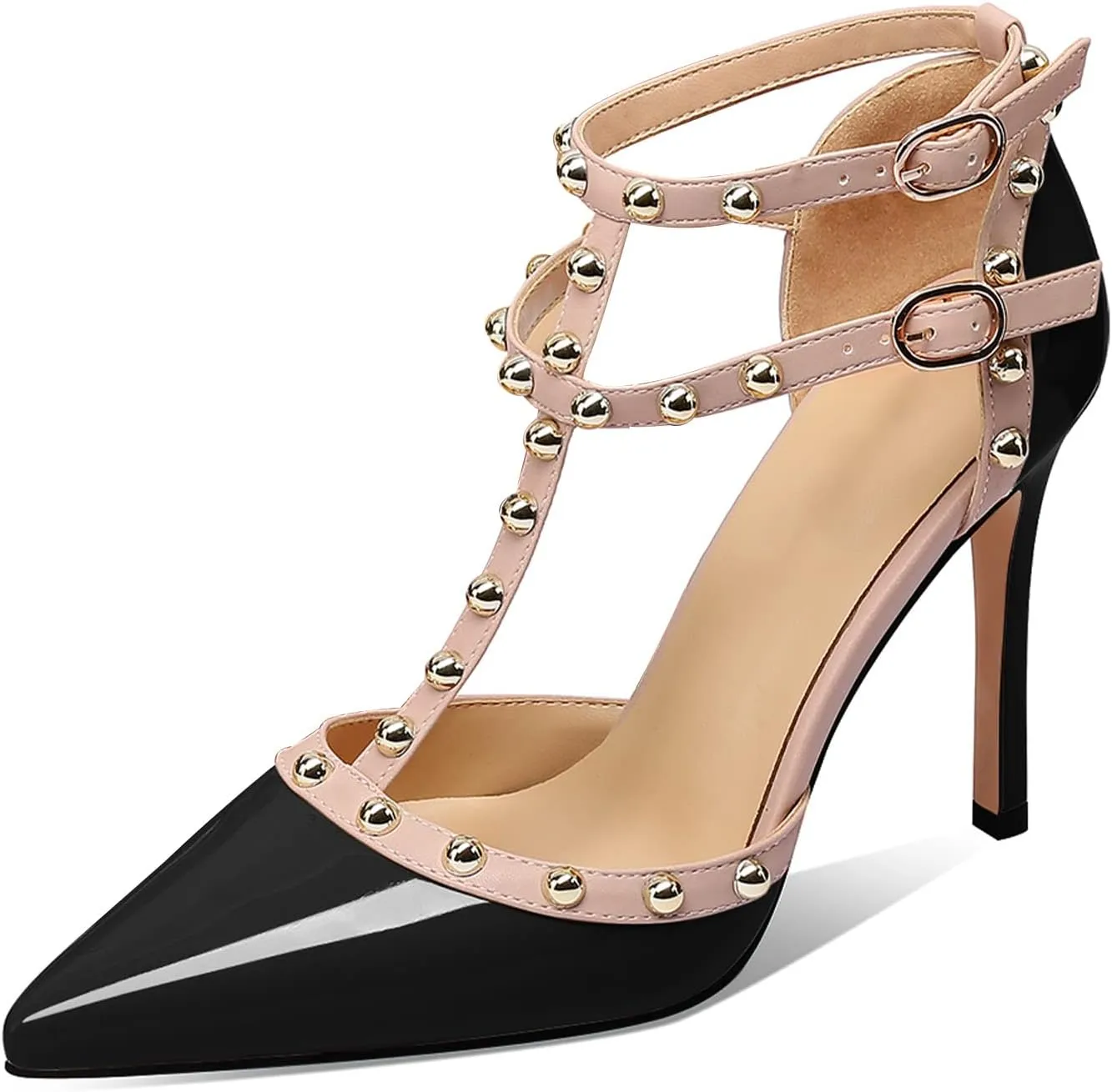MIRAAZZURRA Women Heeled Sandals Rivet Studded High Heels Stiletto T-Strap Pointed Toe Slip On Bridal Pumps for Women
