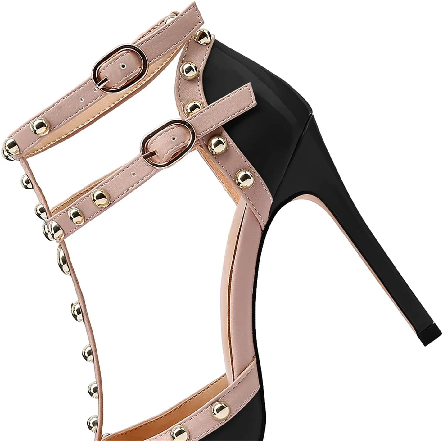 MIRAAZZURRA Women Heeled Sandals Rivet Studded High Heels Stiletto T-Strap Pointed Toe Slip On Bridal Pumps for Women