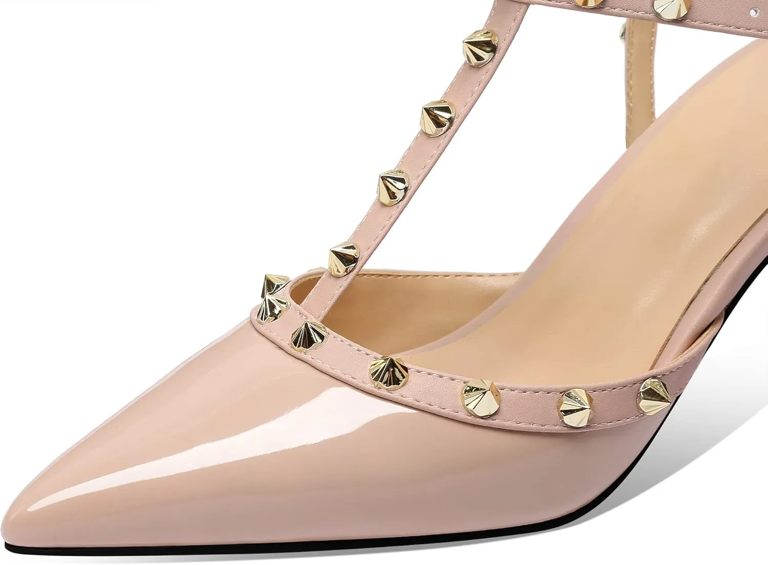 MIRAAZZURRA Women Heeled Sandals Rivet Studded T-Strap Wedding Shoes Stiletto High Heels Pointed Toe Slip On Bridal Pumps for Women