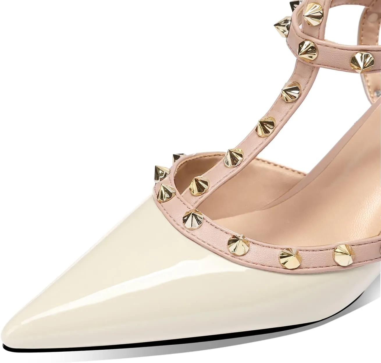 MIRAAZZURRA Women Heeled Sandals Rivet Studded T-Strap Wedding Shoes Stiletto High Heels Pointed Toe Slip On Bridal Pumps for Women