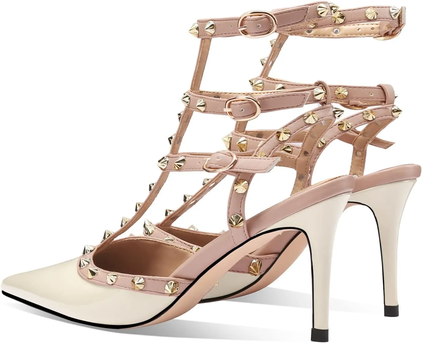 MIRAAZZURRA Women Heeled Sandals Rivet Studded T-Strap Wedding Shoes Stiletto High Heels Pointed Toe Slip On Bridal Pumps for Women