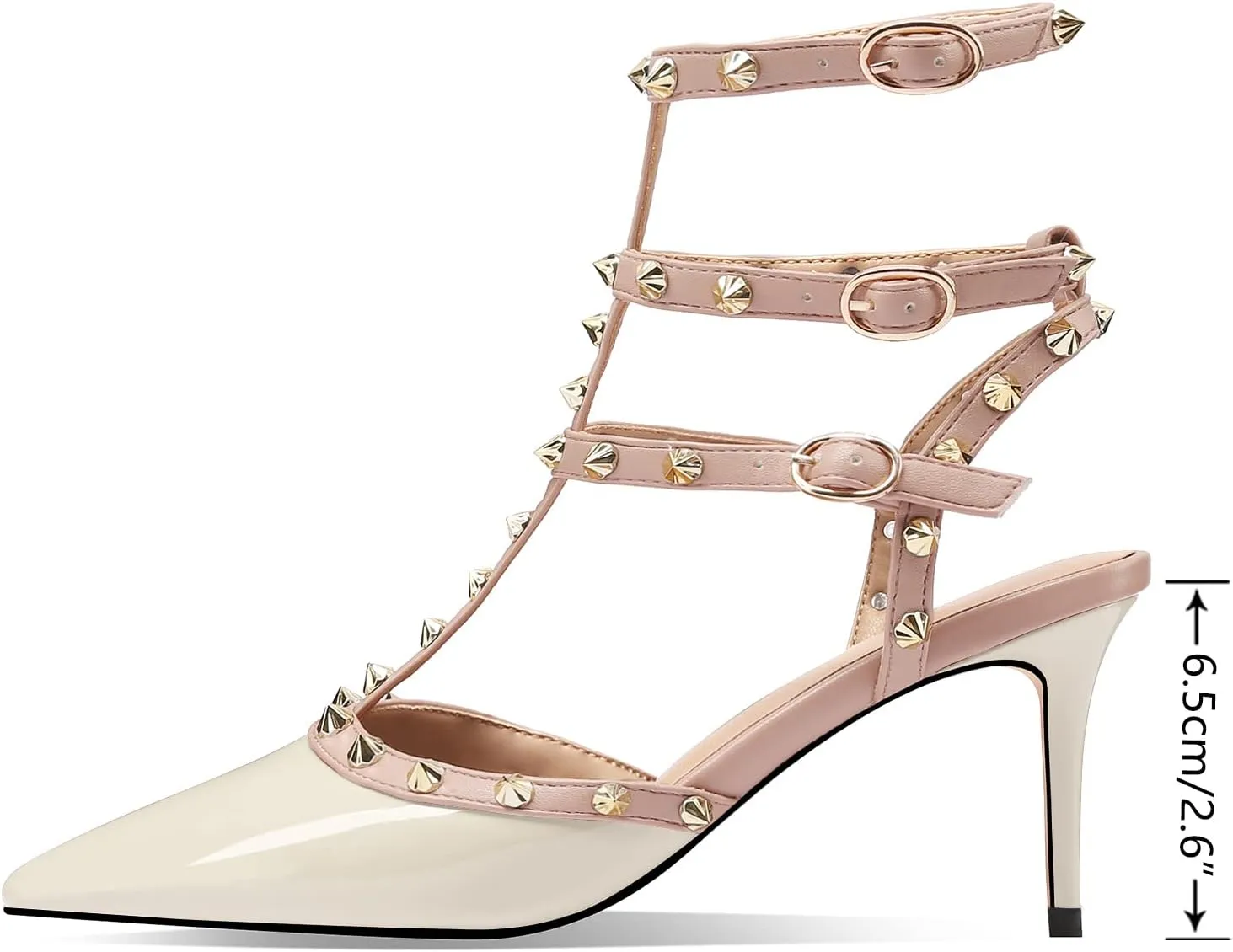 MIRAAZZURRA Women Heeled Sandals Rivet Studded T-Strap Wedding Shoes Stiletto High Heels Pointed Toe Slip On Bridal Pumps for Women
