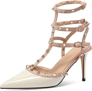 MIRAAZZURRA Women Heeled Sandals Rivet Studded T-Strap Wedding Shoes Stiletto High Heels Pointed Toe Slip On Bridal Pumps for Women