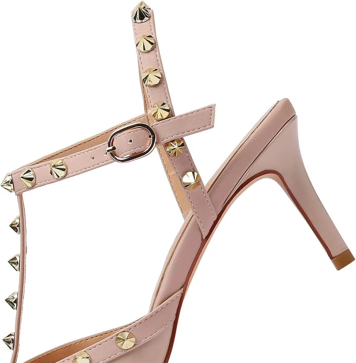MIRAAZZURRA Women Heeled Sandals Rivet Studded T-Strap Wedding Shoes Stiletto High Heels Pointed Toe Slip On Bridal Pumps for Women