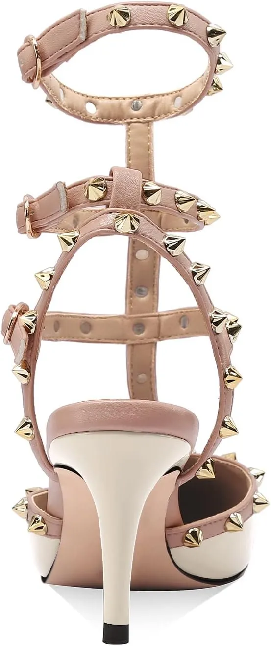 MIRAAZZURRA Women Heeled Sandals Rivet Studded T-Strap Wedding Shoes Stiletto High Heels Pointed Toe Slip On Bridal Pumps for Women