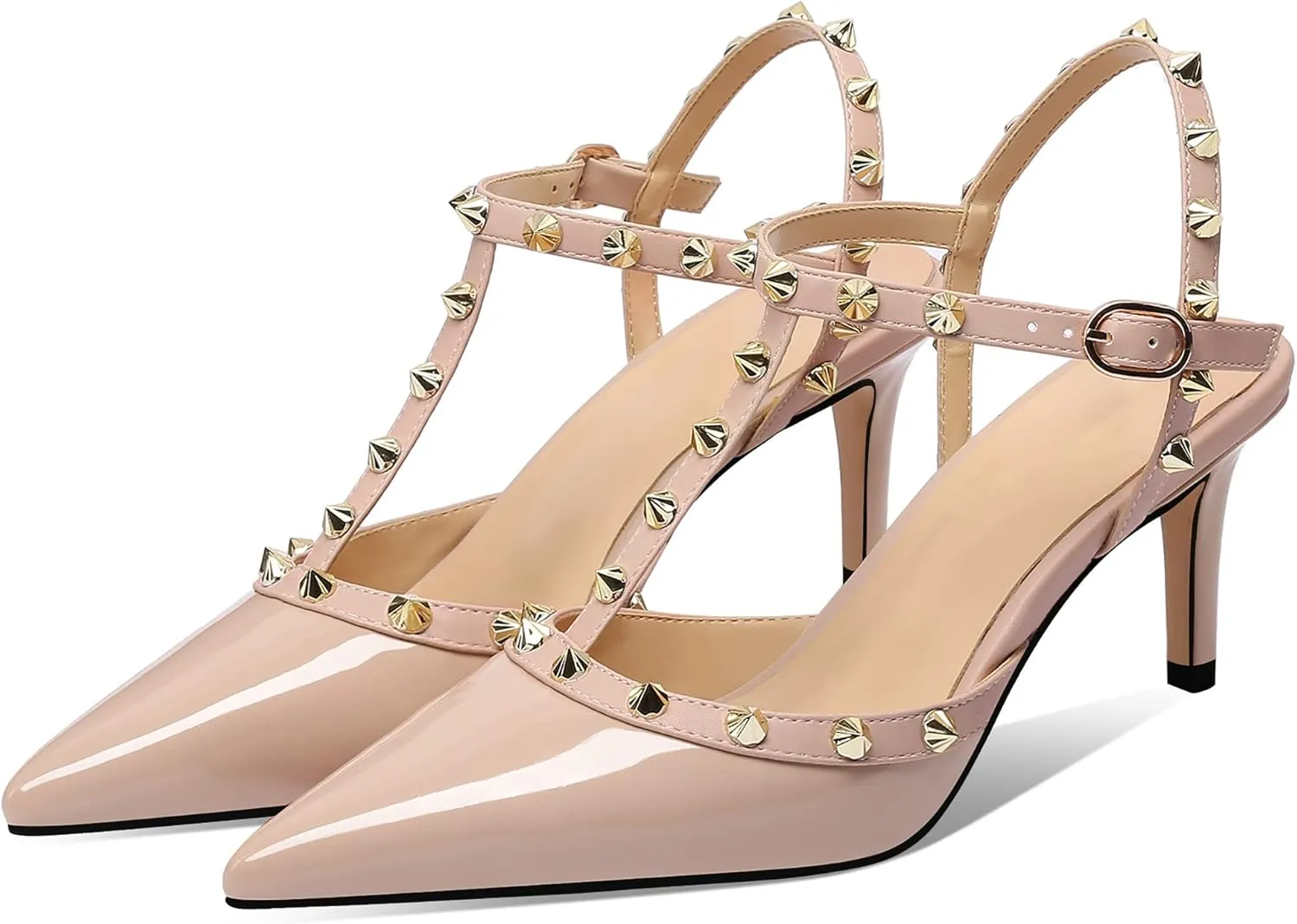 MIRAAZZURRA Women Heeled Sandals Rivet Studded T-Strap Wedding Shoes Stiletto High Heels Pointed Toe Slip On Bridal Pumps for Women