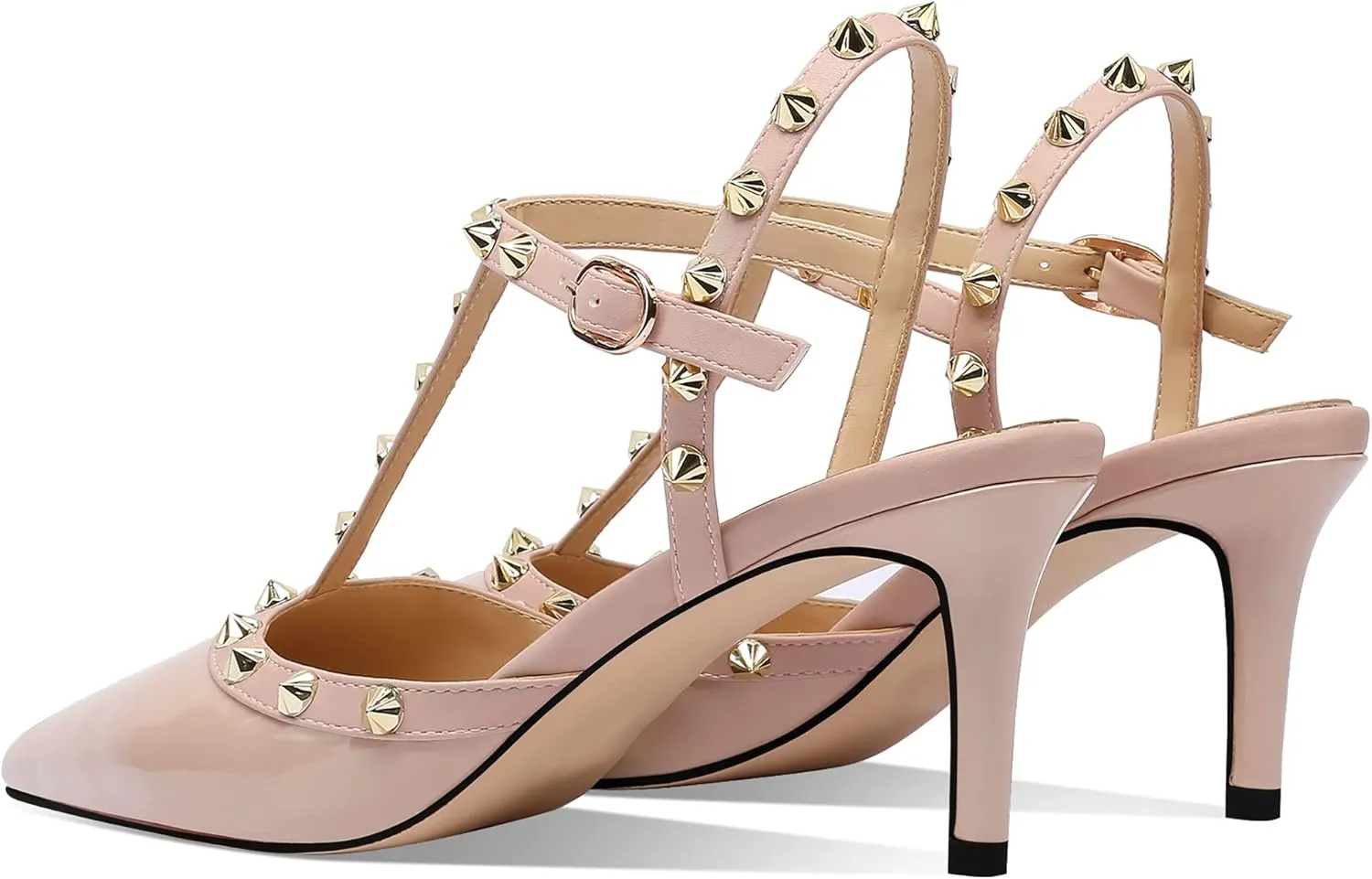 MIRAAZZURRA Women Heeled Sandals Rivet Studded T-Strap Wedding Shoes Stiletto High Heels Pointed Toe Slip On Bridal Pumps for Women