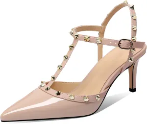 MIRAAZZURRA Women Heeled Sandals Rivet Studded T-Strap Wedding Shoes Stiletto High Heels Pointed Toe Slip On Bridal Pumps for Women