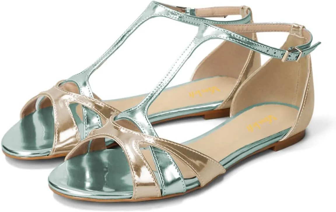 miss left Women Open Toe T-Strap Flat Sandals Ankle Buckle Comfy Summer Vacation Seaside Daily Wear Shoes Size 4-16 US