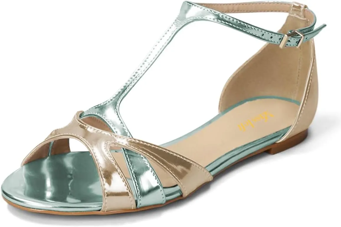 miss left Women Open Toe T-Strap Flat Sandals Ankle Buckle Comfy Summer Vacation Seaside Daily Wear Shoes Size 4-16 US
