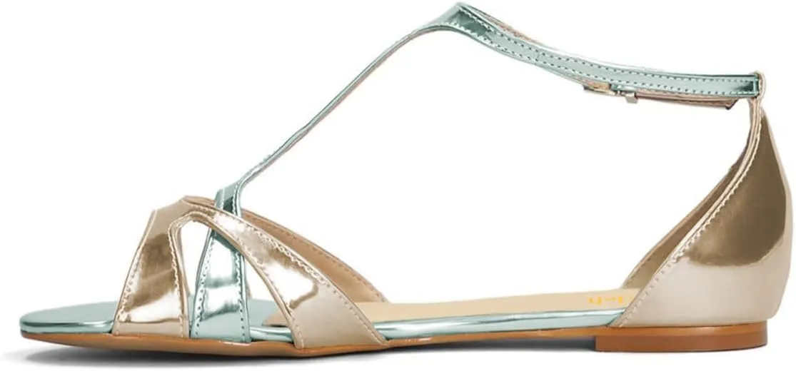 miss left Women Open Toe T-Strap Flat Sandals Ankle Buckle Comfy Summer Vacation Seaside Daily Wear Shoes Size 4-16 US