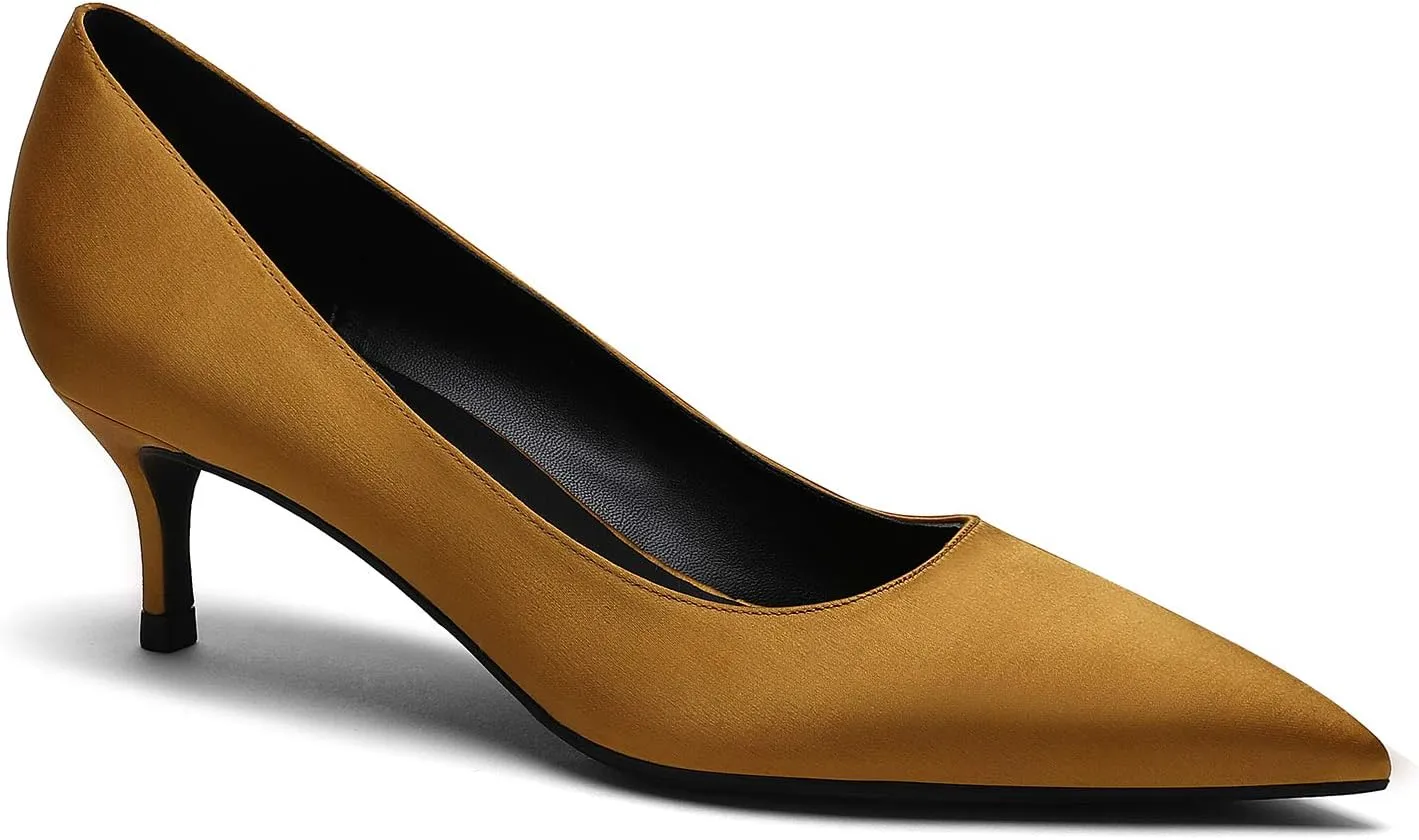 MOOMMO Kitten Heel Pumps Pointed Toe Satin Slip On 2 Inch Mid Heel Dress Shoes Classic Work Pumps for Office Ladies Wedding Bridal Party 4-13 M US