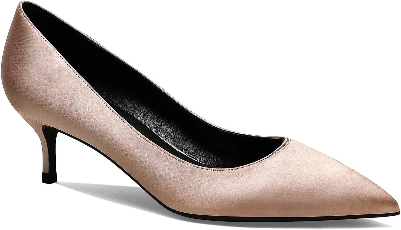 MOOMMO Kitten Heel Pumps Pointed Toe Satin Slip On 2 Inch Mid Heel Dress Shoes Classic Work Pumps for Office Ladies Wedding Bridal Party 4-13 M US