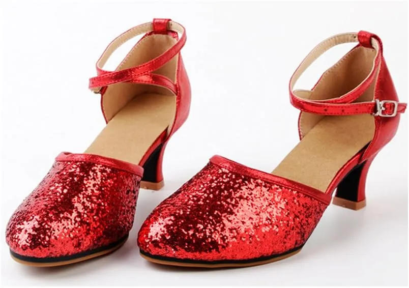 OCHENTA Women's Sequined Leather Pointed Toe Kitten Heel Latin Ballroom Dance Shoes