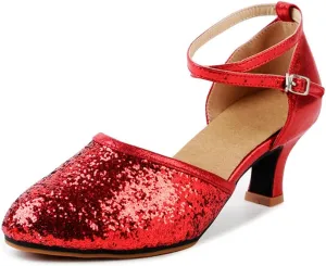 OCHENTA Women's Sequined Leather Pointed Toe Kitten Heel Latin Ballroom Dance Shoes