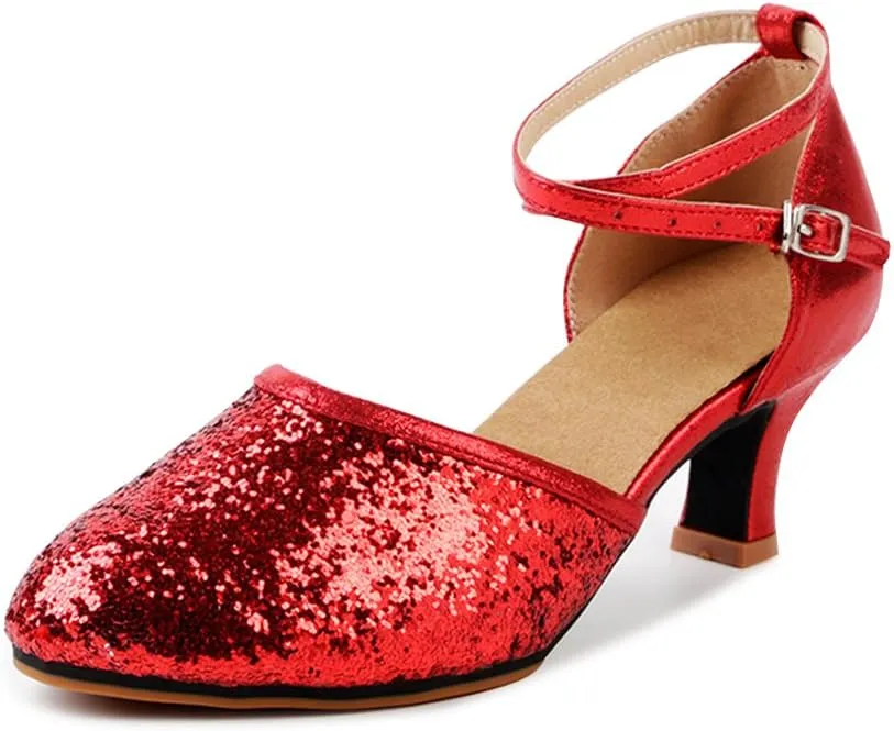 OCHENTA Women's Sequined Leather Pointed Toe Kitten Heel Latin Ballroom Dance Shoes
