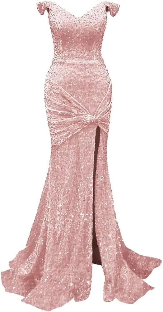 Off Shoulder Mermaid Prom Dresses 2024 Sequin Bodycon Dresses for Women 2024 with Slit