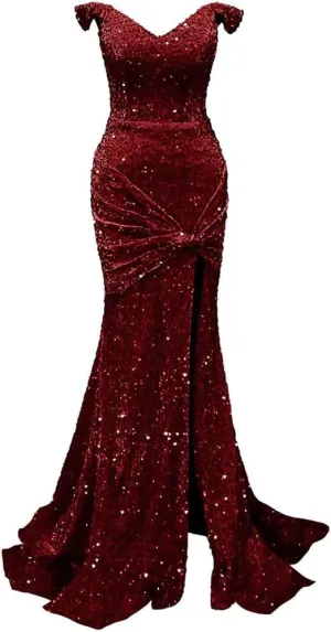 Off Shoulder Mermaid Prom Dresses 2024 Sequin Bodycon Dresses for Women 2024 with Slit