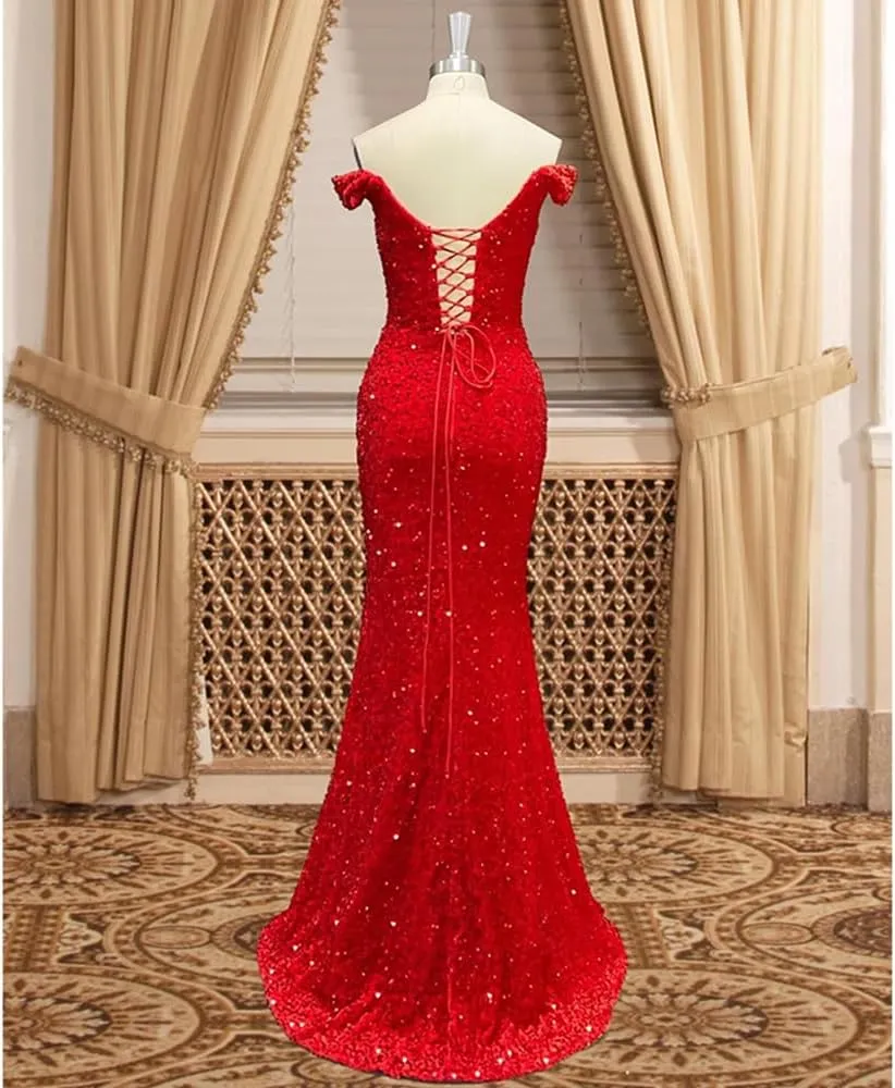 Off Shoulder Mermaid Prom Dresses 2024 Sequin Bodycon Dresses for Women 2024 with Slit