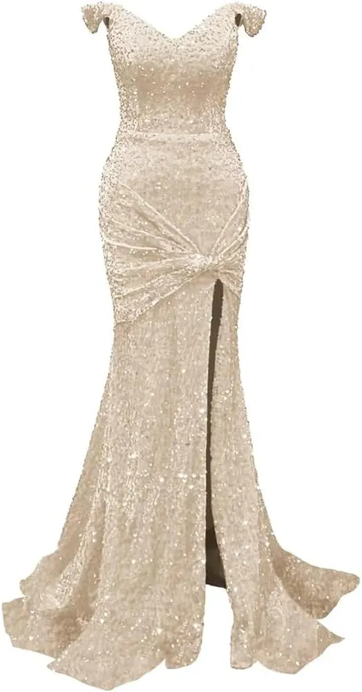 Off Shoulder Mermaid Prom Dresses 2024 Sequin Bodycon Dresses for Women 2024 with Slit
