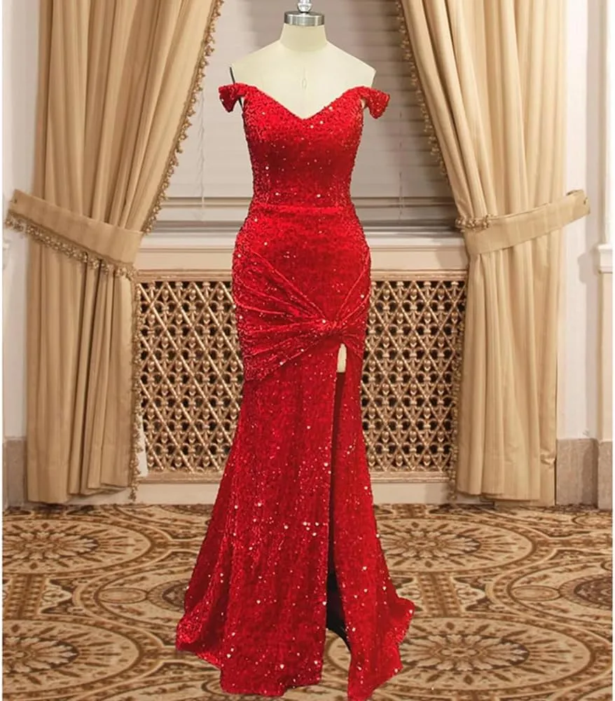 Off Shoulder Mermaid Prom Dresses 2024 Sequin Bodycon Dresses for Women 2024 with Slit